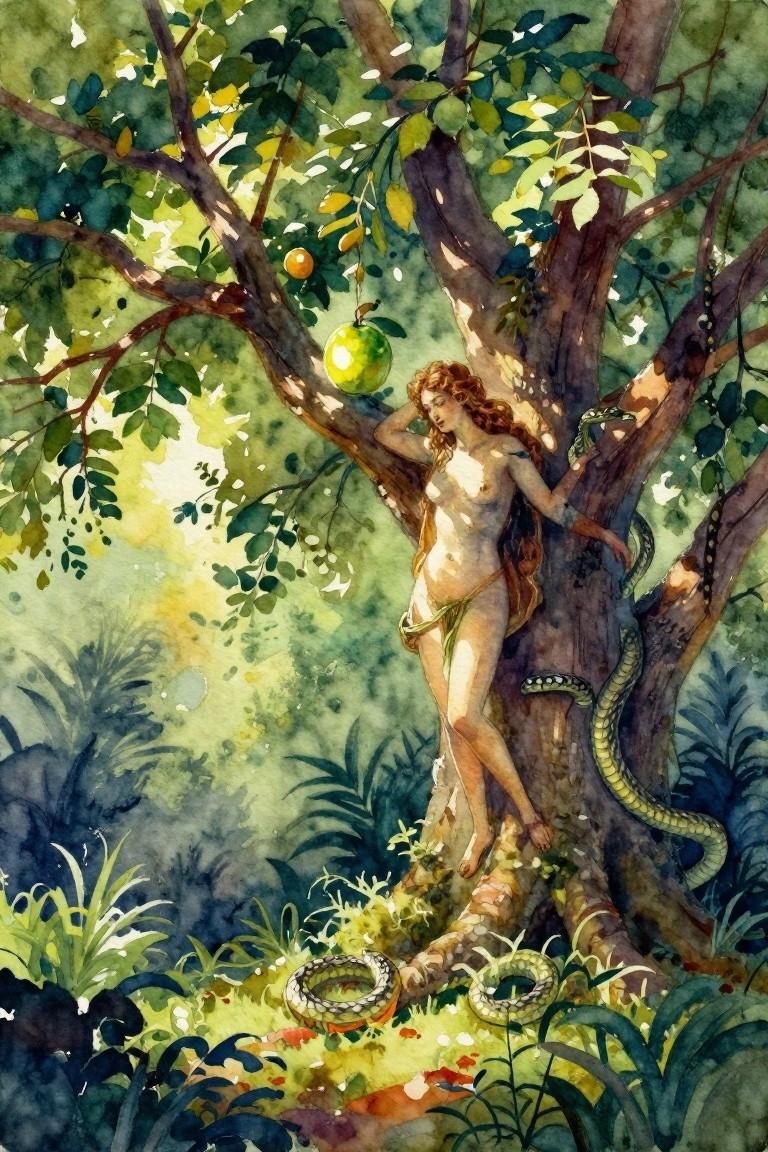 Watercolor of nude red-haired Eve leaning on Tree of Knowledge with glowing green apple, coiled green snakes, and lush tropical foliage.