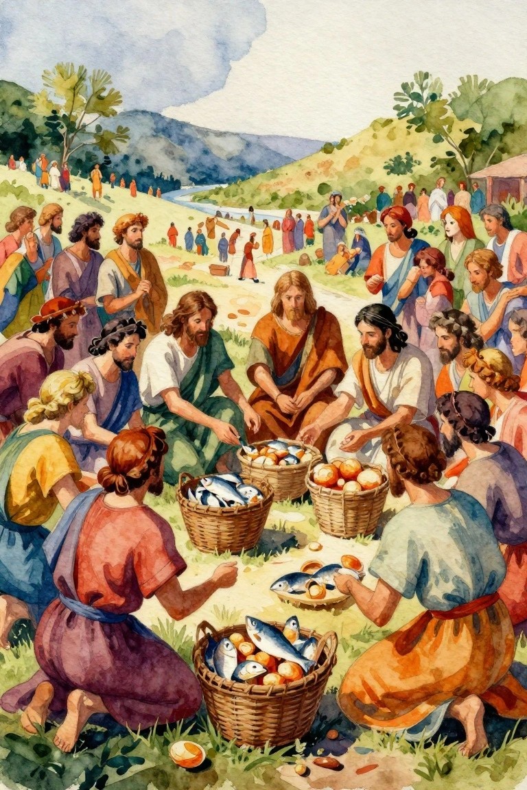 Watercolor painting of Jesus and disciples distributing fish and loaves from baskets to a surrounding crowd in a hillside landscape.