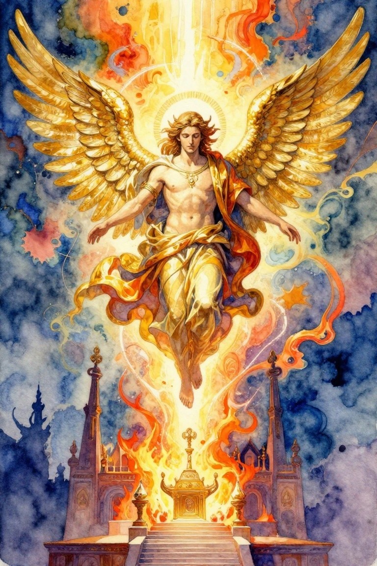 A muscular male angel with golden wings and halo hovers arms outstretched above a grand staircase to a flaming golden urn between gothic towers, rendered in vibrant watercolor with orange fire and blue shadows.