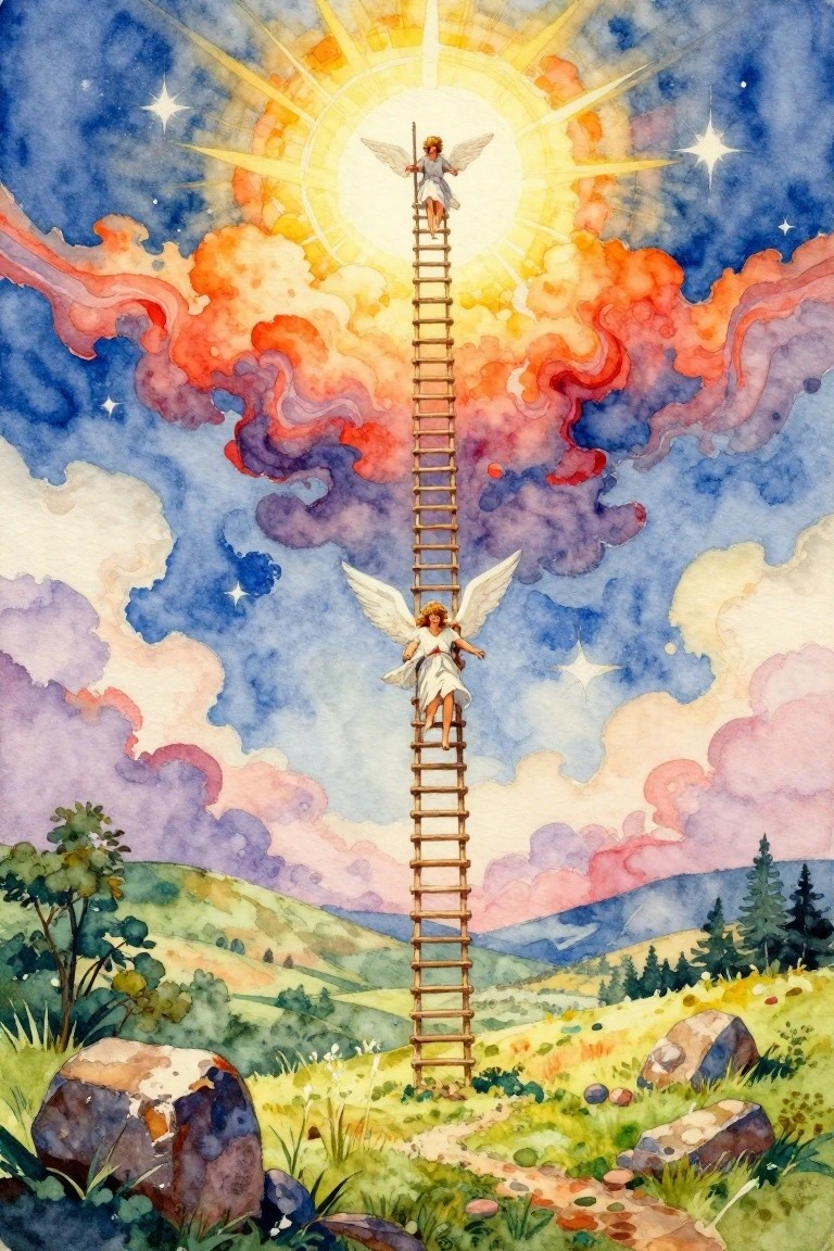 Watercolor of a wooden ladder rising from green hills with rocks and trees to a heavenly sun with angels at top, midway, and clouds around.