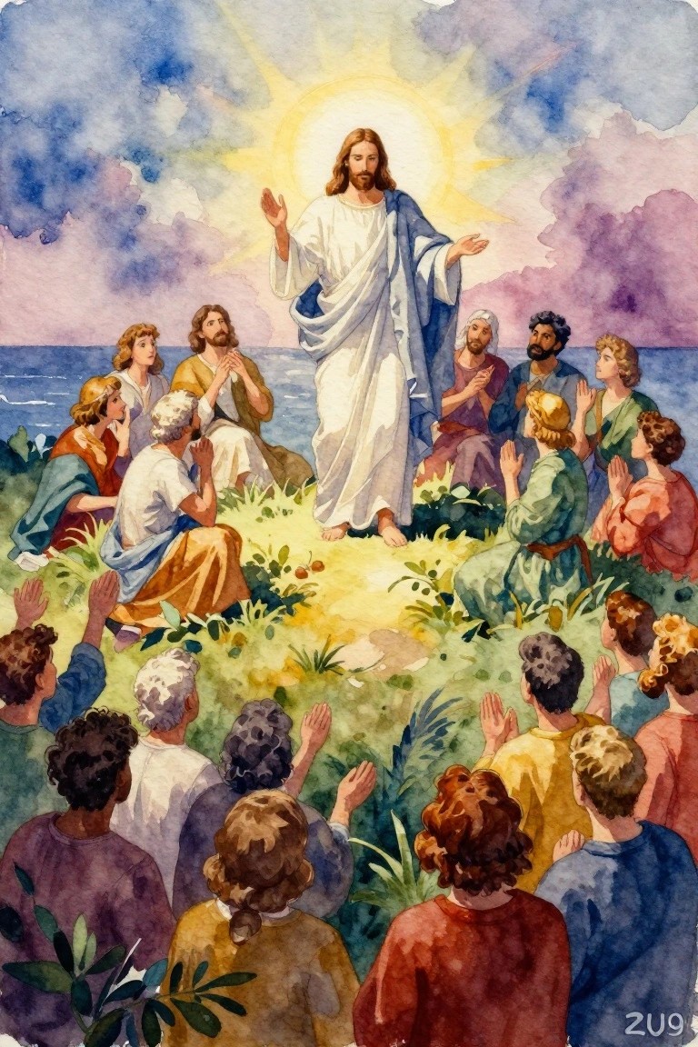 Watercolor of glowing Jesus with raised arms standing on grassy mound surrounded by diverse kneeling crowd by the sea under purple clouds.