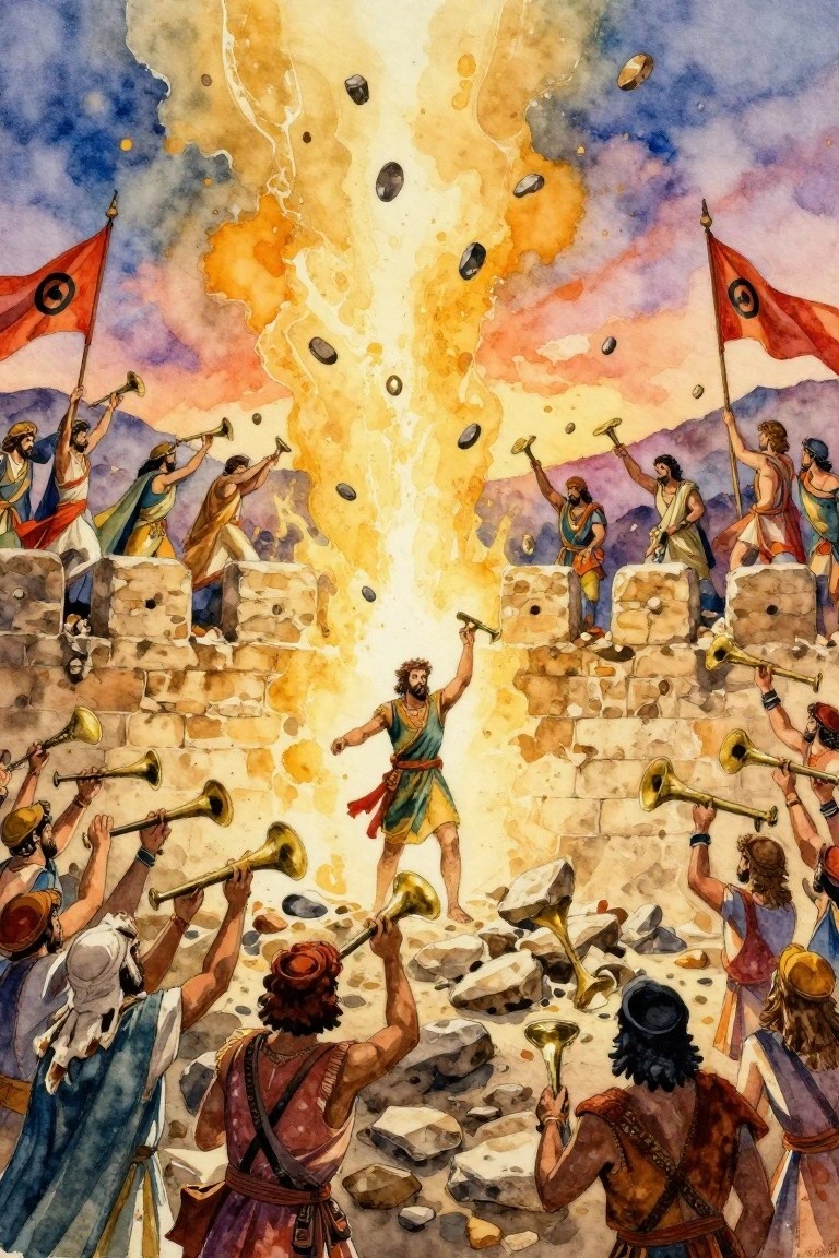 Watercolor of Joshua in green tunic blowing trumpet as Jericho walls crumble amid falling stones, priests with horns, and dramatic fiery sky.