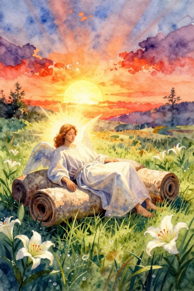 Watercolor of a glowing angel with wings and flowing hair reclining on rolled logs in a green lily field beneath a radiant orange-purple sunset with hills and trees.