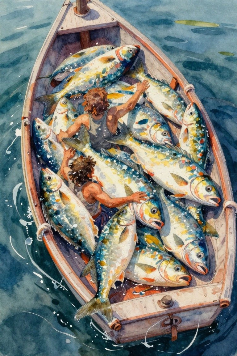 Watercolor painting from above showing a small wooden boat overloaded with shiny spotted fish and two curly-haired young fishermen reaching into the catch on blue water.