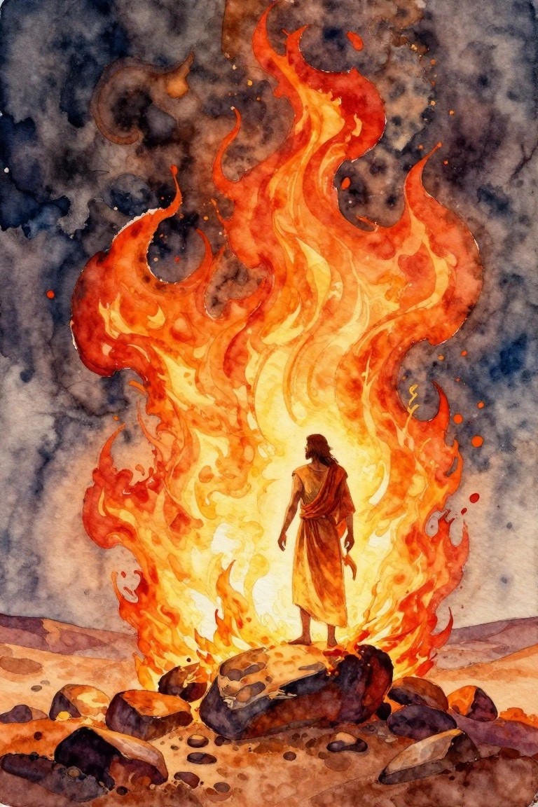 Watercolor painting of a robed man silhouetted against a large fiery bush on rocky desert ground under a dark sky.