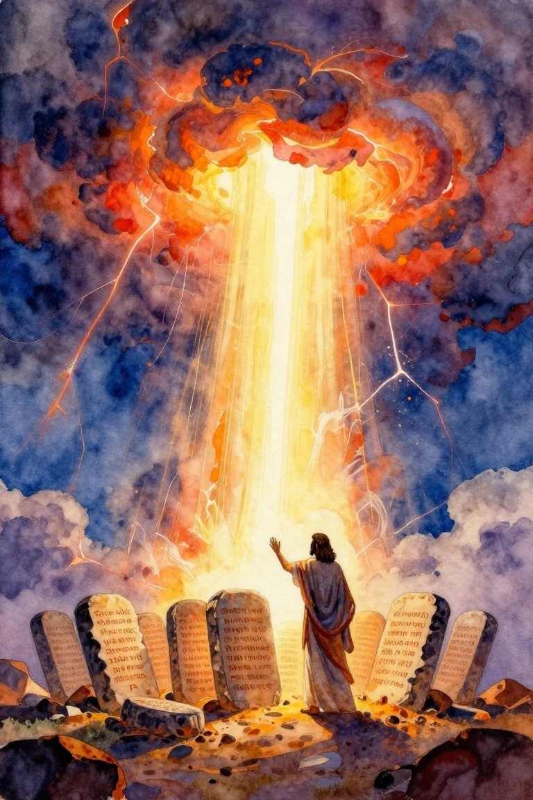 Watercolor-style painting of Moses in a robe raising one hand before stone Ten Commandments tablets under stormy clouds with lightning, fire, and a descending beam of light.
