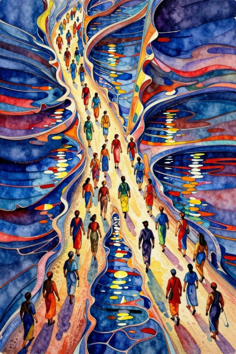 Watercolor painting of many figures in colorful robes walking a curving yellow path flanked by swirling blue and purple watery forms.