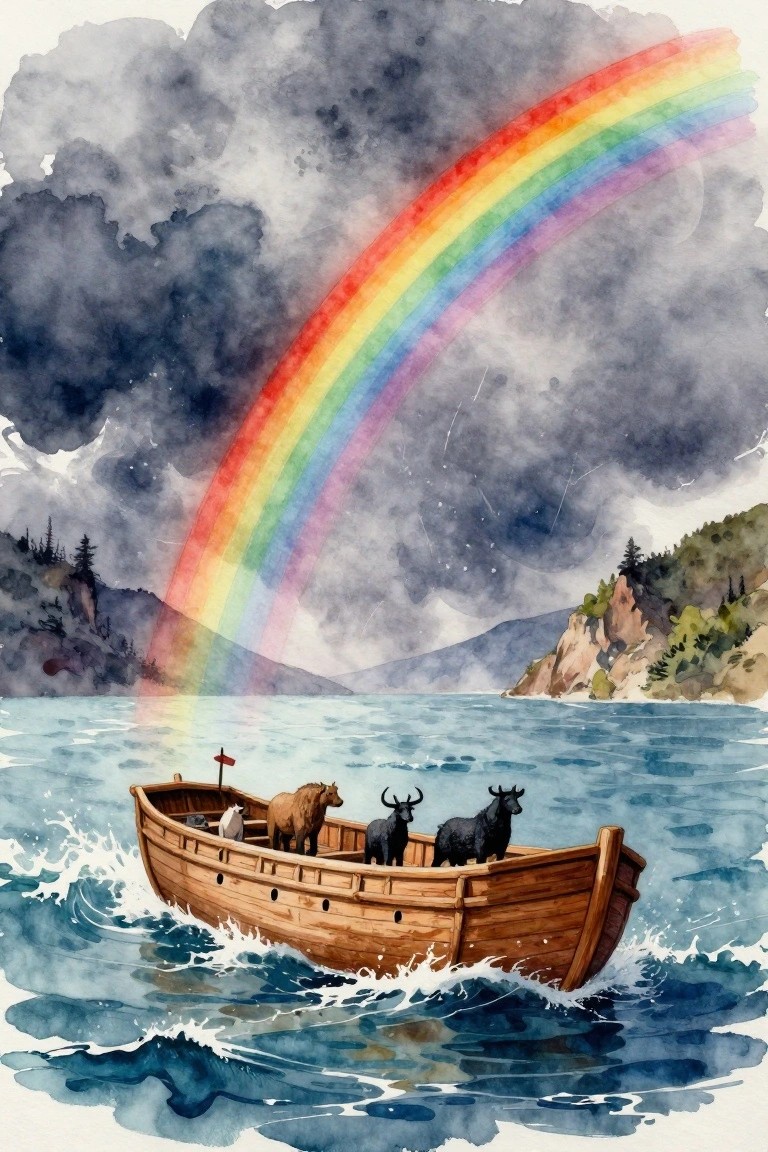 Watercolor of Noah's Ark with bear, goats, sheep, and horse on deck sailing blue waters under rainbow amid stormy skies and mountains.