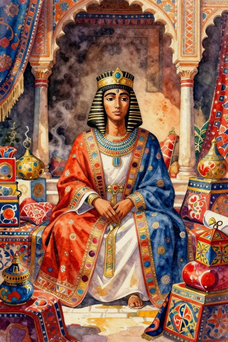 Watercolor portrait of a pharaoh in striped headdress and jeweled collar seated amid ornate lamps, rugs, boxes, and columns in an arched chamber.