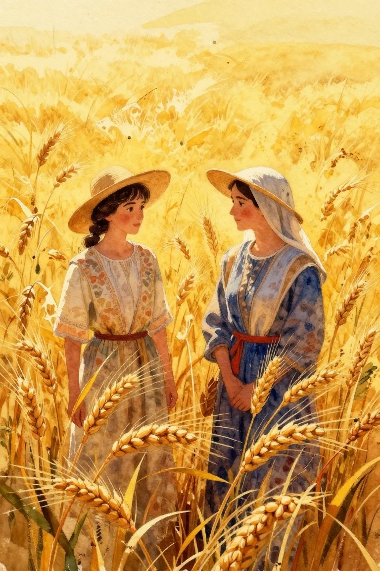 Two women wearing dresses and hats stand facing each other surrounded by golden wheat in a field.