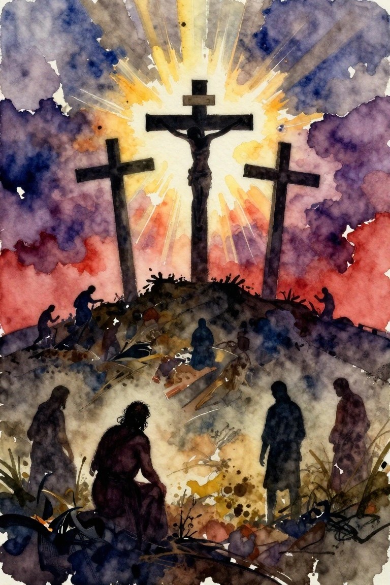 Watercolor-style image of three black silhouetted crosses on a hill, central one with Jesus radiating yellow light rays, shadowy figures below amid purple-red clouds and textured ground.