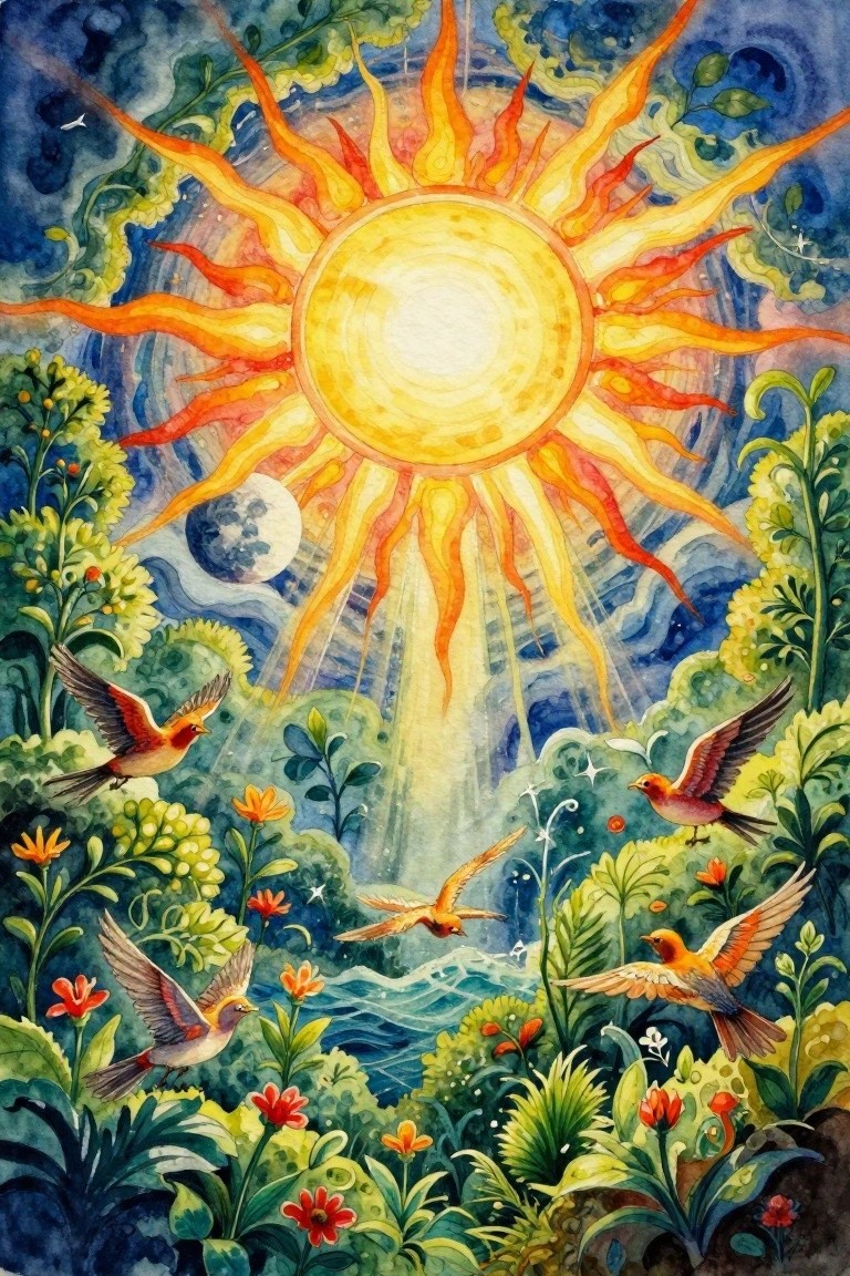 Watercolor-style painting of a central radiant sun with orange rays shining through green plants and foliage onto flying hummingbirds, red-orange flowers, a crescent moon, and blue water.