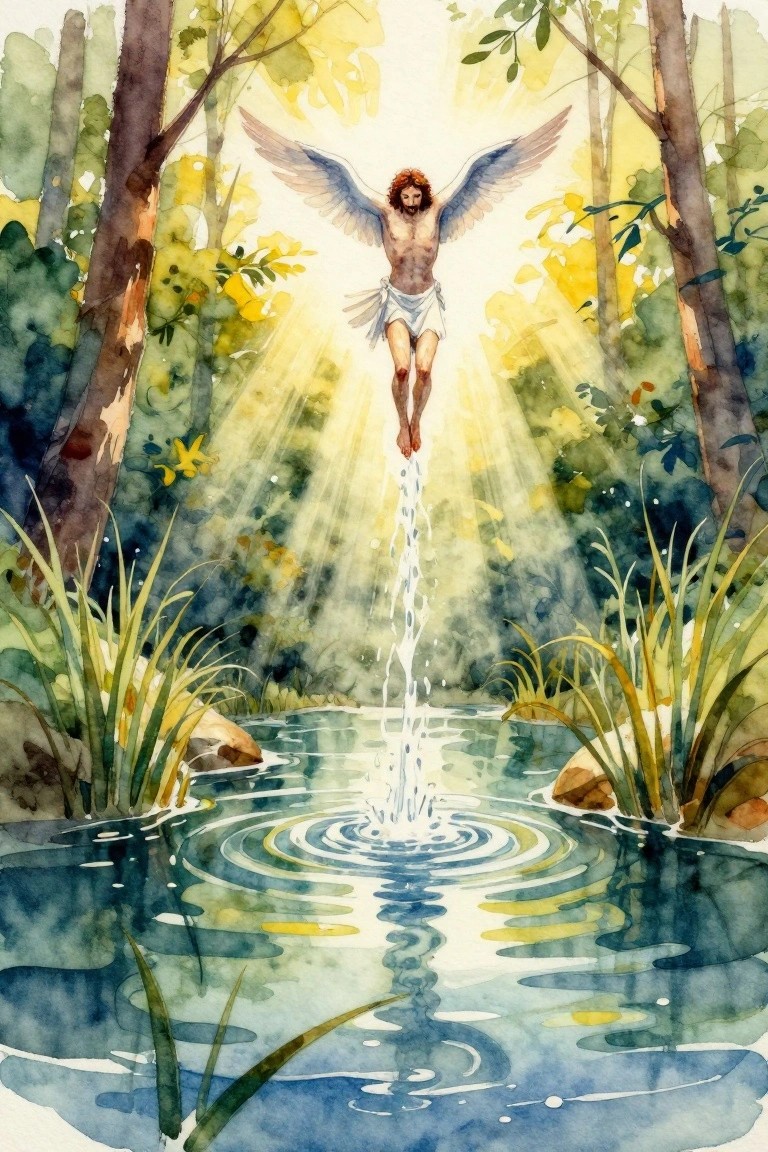 Watercolor of a muscular winged Jesus with long red hair and a loincloth descending into a forest stream amid light rays, green foliage, and reeds.