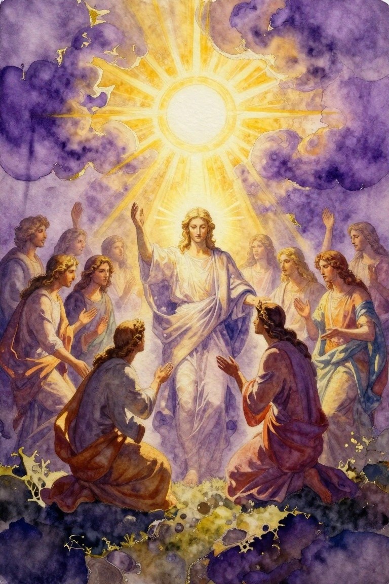 Watercolor-style painting of glowing Christ in white robes at center, encircled by angels and kneeling disciples against purple skies with golden rays.