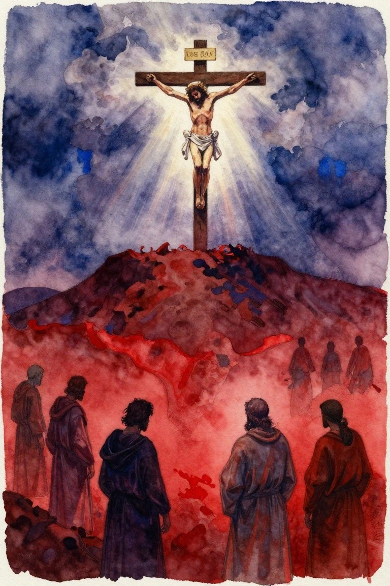 Watercolor of Jesus on the cross atop a rocky red hill under stormy skies with light rays, disciples gathered below.