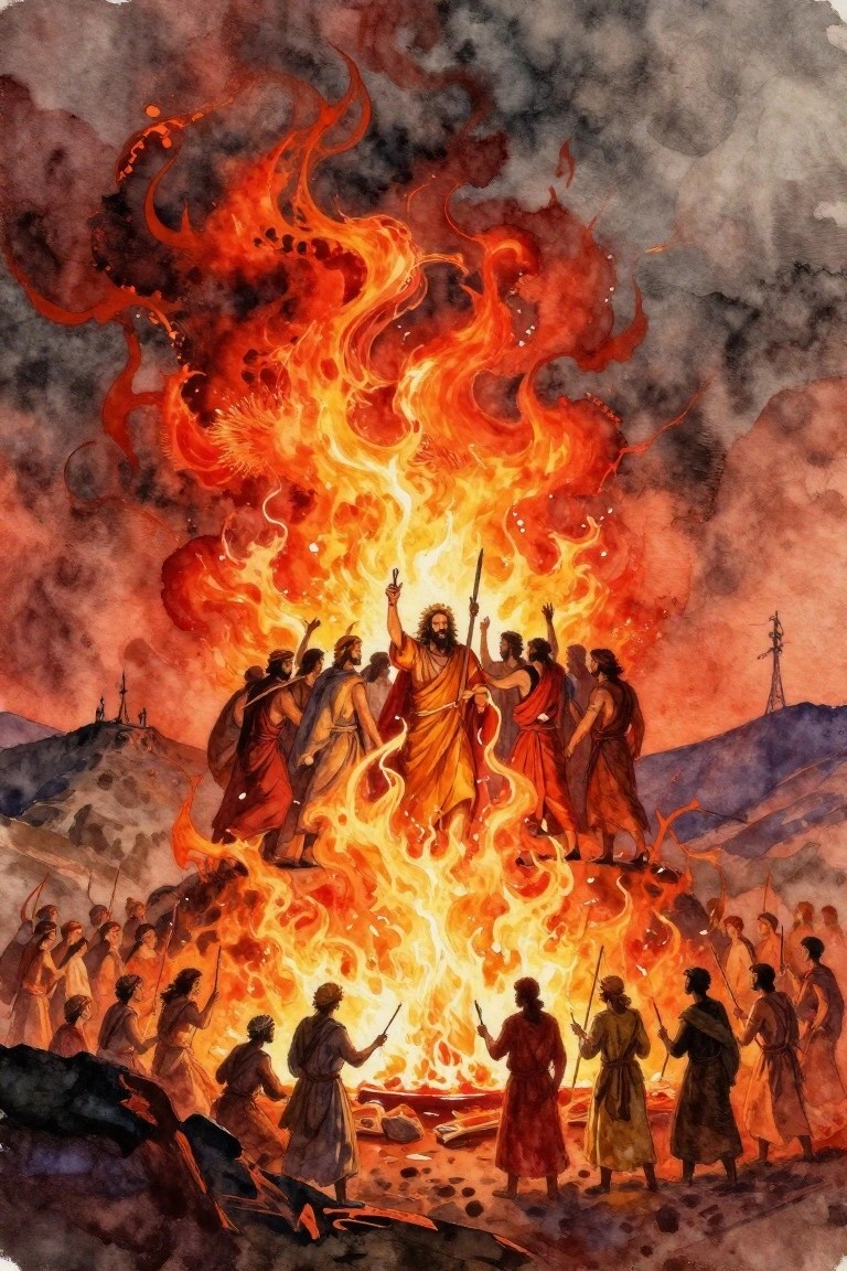 Watercolor painting of Elijah amid a massive fire pillar on Mount Carmel, surrounded by prophets and a torch-holding crowd below.