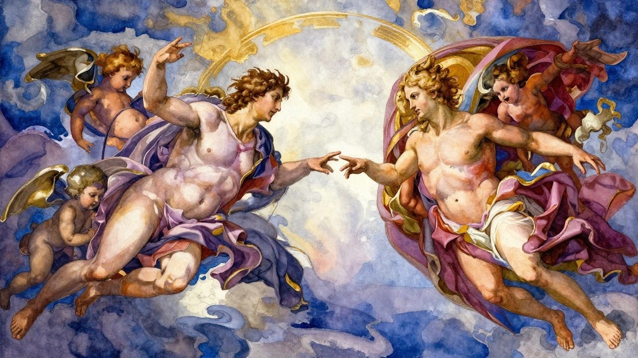Watercolor-style painting of God and nude Adam reaching fingertips amid flying cherubs and heavenly clouds in blues, golds, and reds.