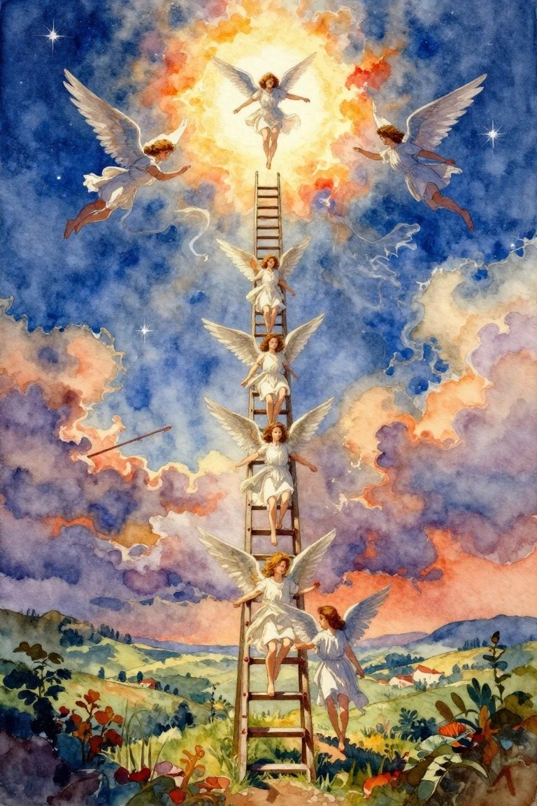 Watercolor of numerous angels in white dresses with wings climbing a tall ladder from a flowery landscape to a bright heavenly light amid starry purple-blue clouds.