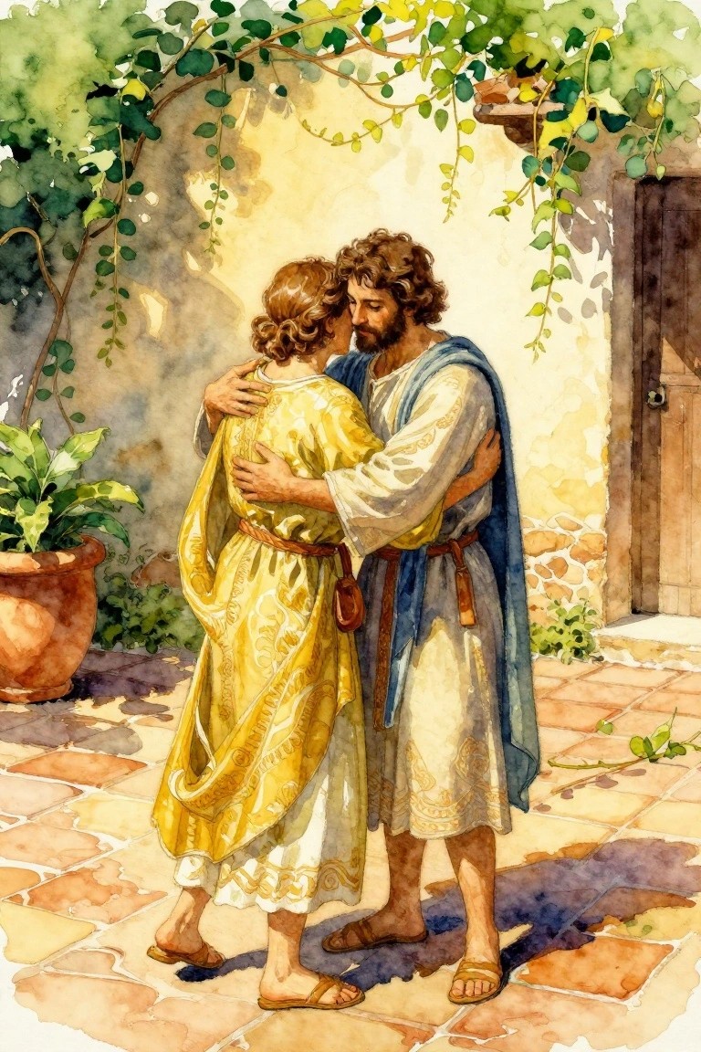 Watercolor of a robed man resembling Jesus embracing a woman from behind near a vine-covered door and potted plant.
