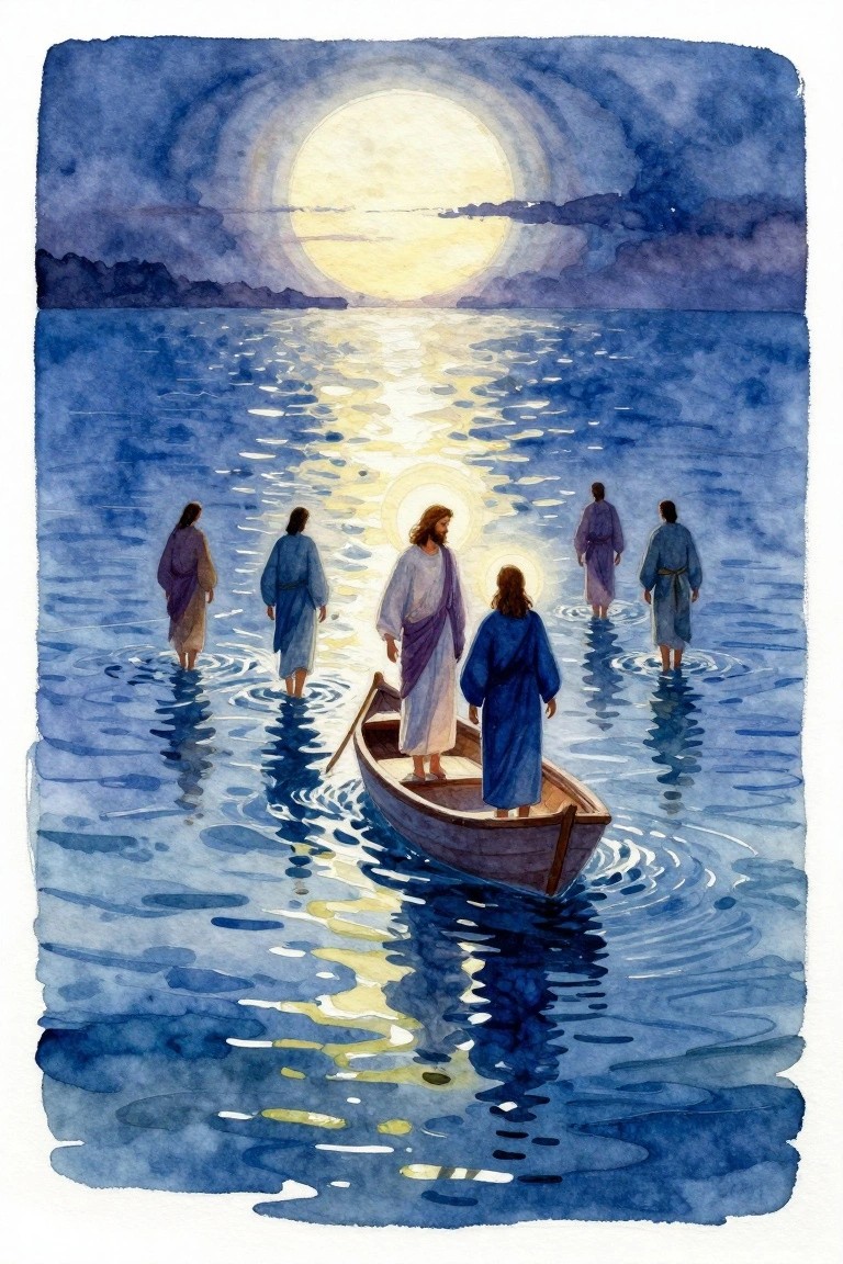 Watercolor of Jesus with a halo walking on moonlit blue water toward a wooden boat with disciples, Peter beside him, others wading nearby.
