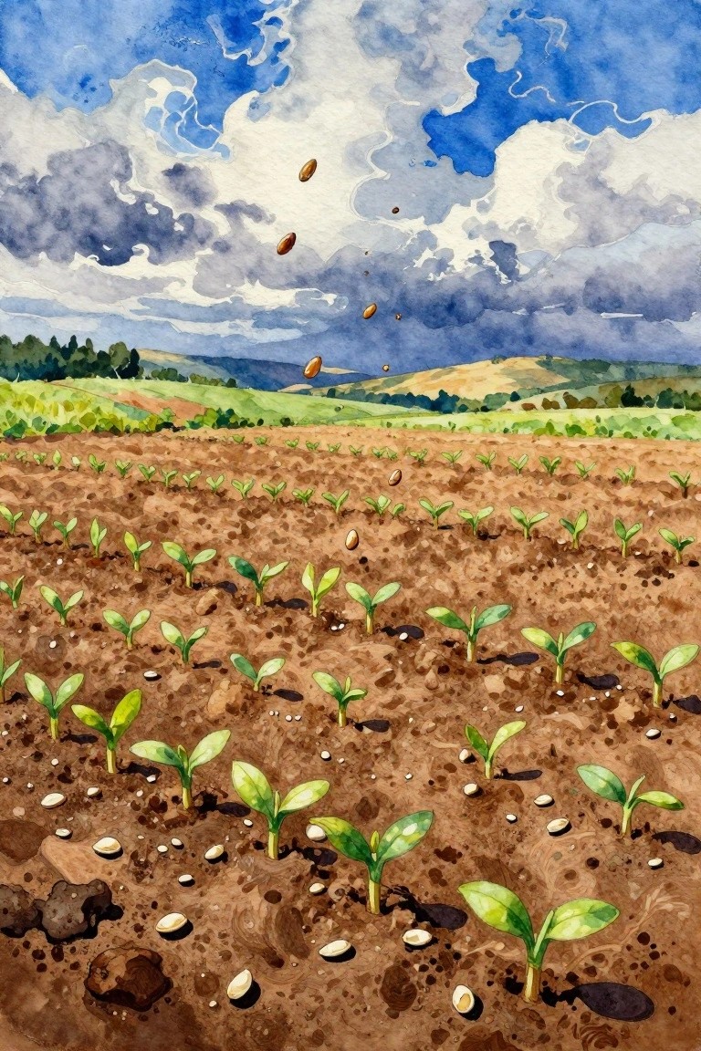 Watercolor landscape of peanut pods falling from clouds onto a field of sprouting peanut plants with distant hills.