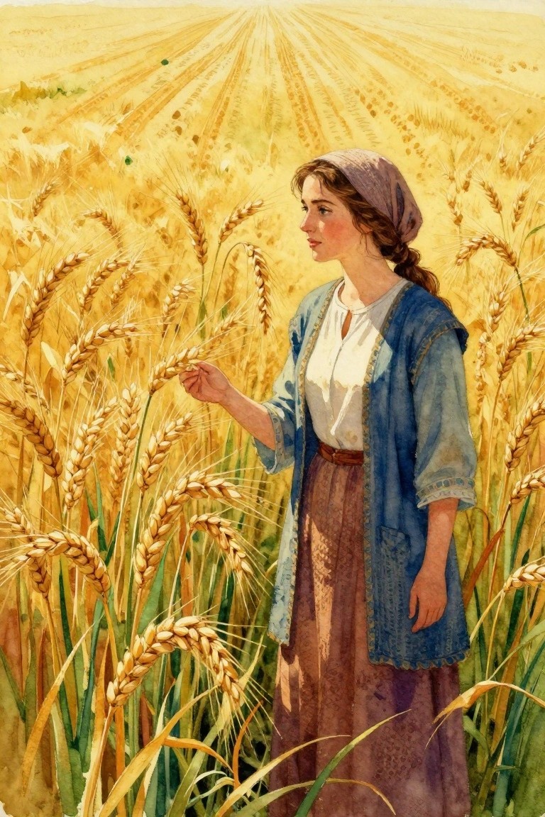 Watercolor-style painting of a woman in a headscarf, blue vest, white blouse, and skirt standing in a golden wheat field, holding one wheat stalk with sun rays in the background.