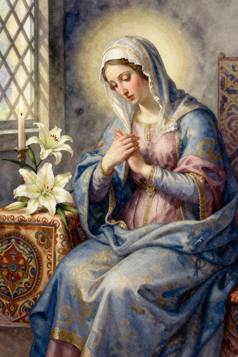Watercolor-style portrait of Virgin Mary seated praying with clasped hands, lilies and candle nearby in a room with latticed window.