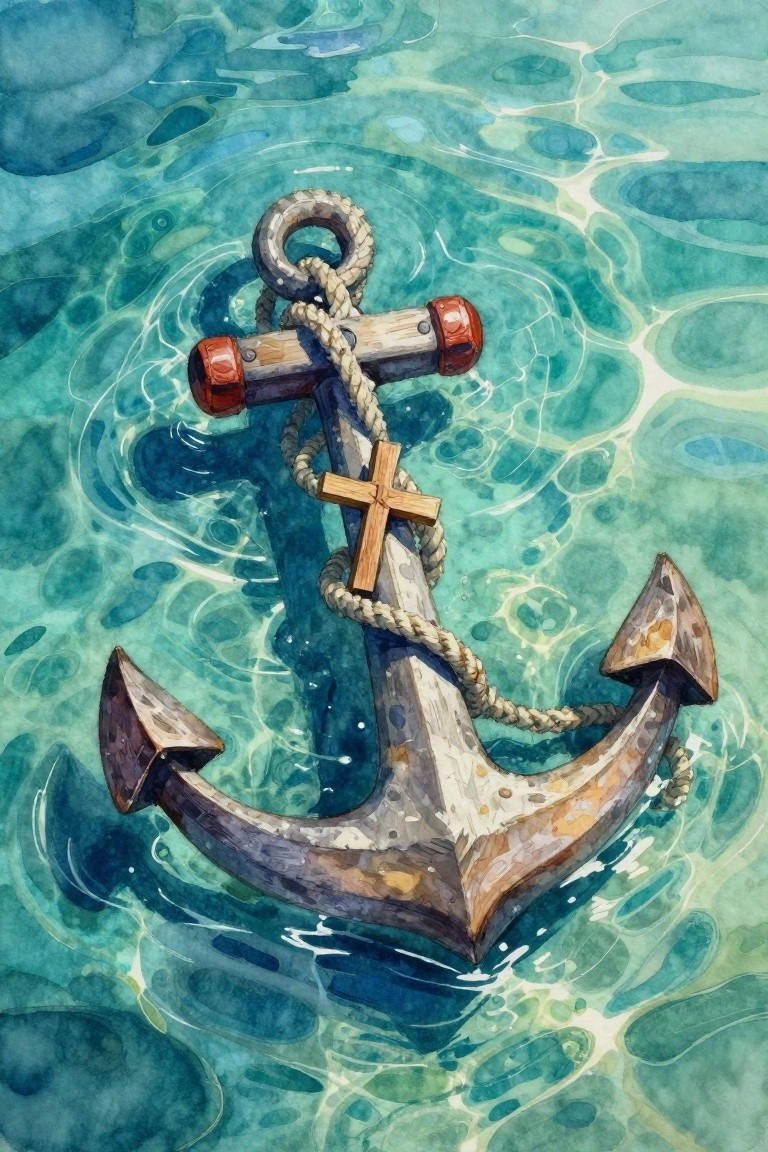 Watercolor anchor with rope and cross in rippling turquoise water