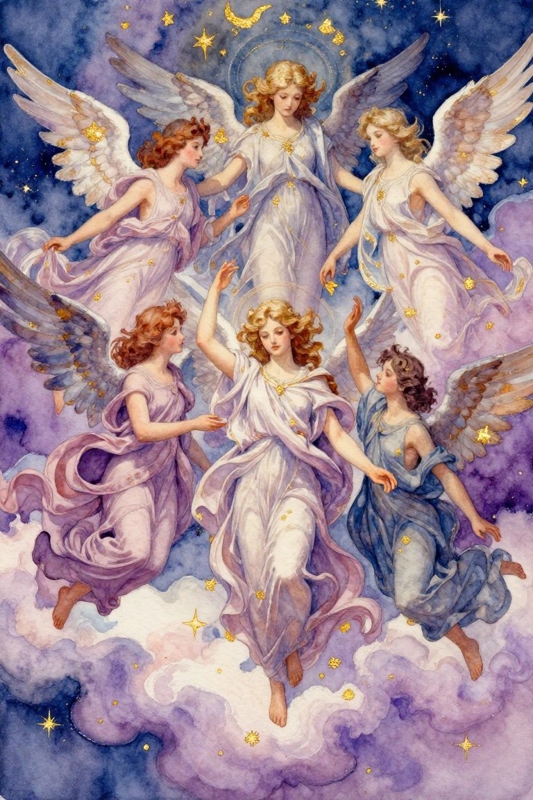 Five angels with golden wings and halos float among starry purple clouds.