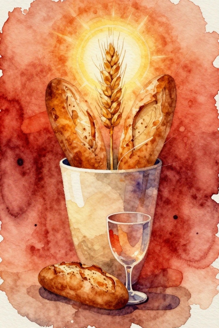 Watercolor of baguettes and wheat in bucket beside wine glass with glowing sun.
