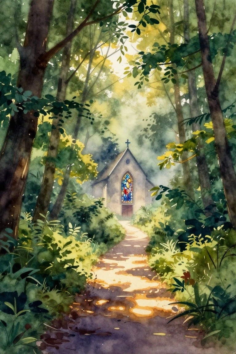 Watercolor of sunlit forest path leading to chapel with colorful stained glass window