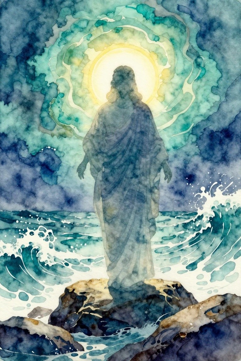 A watercolor painting of a robed figure standing on dark rocks by the sea with large waves and a bright glowing circle in a swirling blue and green sky.