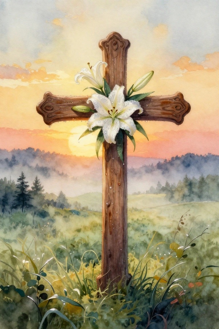 A watercolor painting of a wooden cross with white lilies covered in droplets, standing in grass against a misty sunrise landscape.