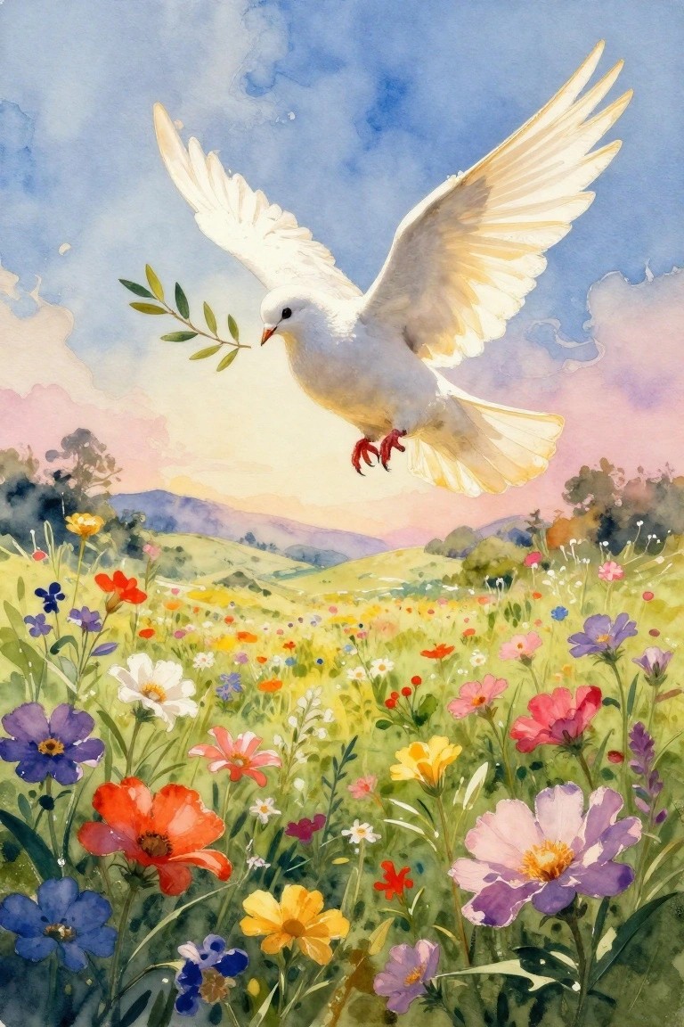 White dove with olive branch flying over vibrant wildflower meadow in watercolor style