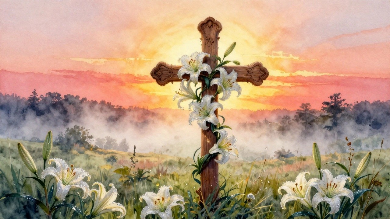 A watercolor painting of a wooden cross with white lilies covered in droplets, standing in grass against a misty sunrise landscape.