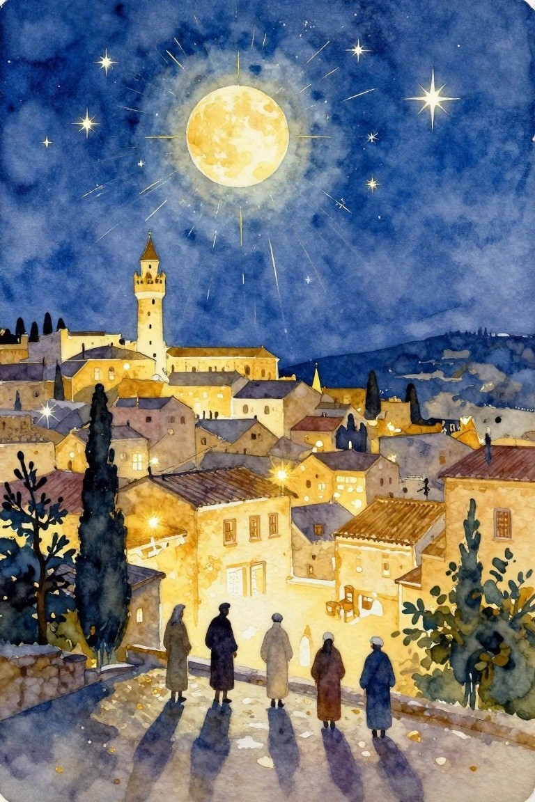Watercolor of five robed figures on path under moonlit yellow town and starry sky