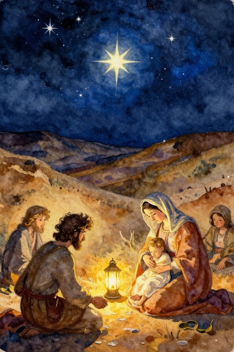 Watercolor nativity with Mary holding baby Jesus, Joseph, shepherds, glowing lantern under starry sky.