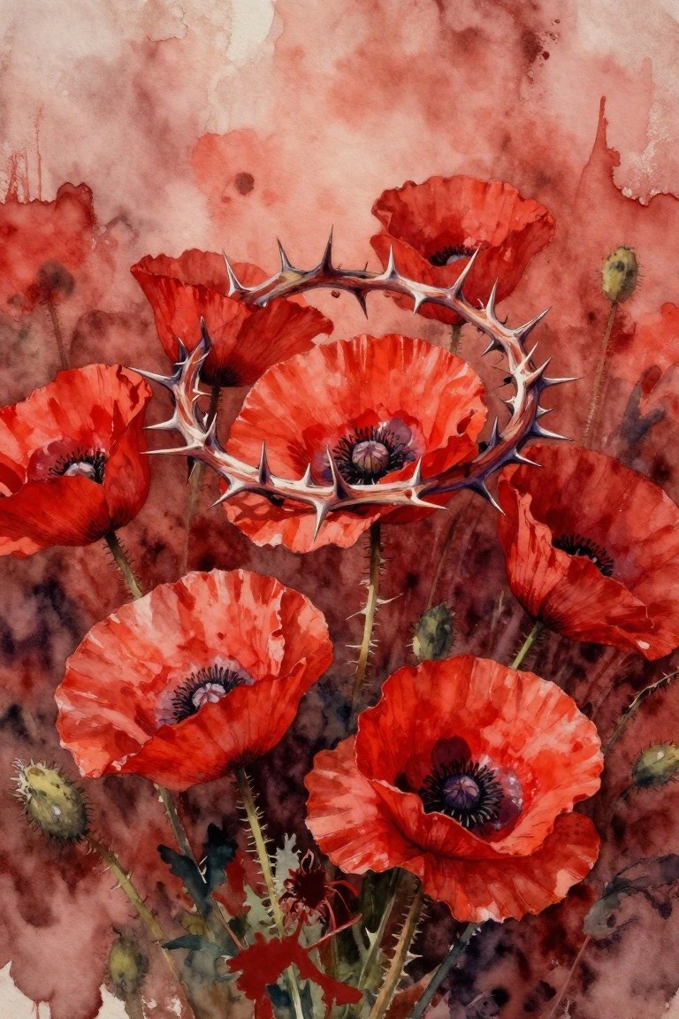 Watercolor of red poppies entwined with a crown of thorns on red background