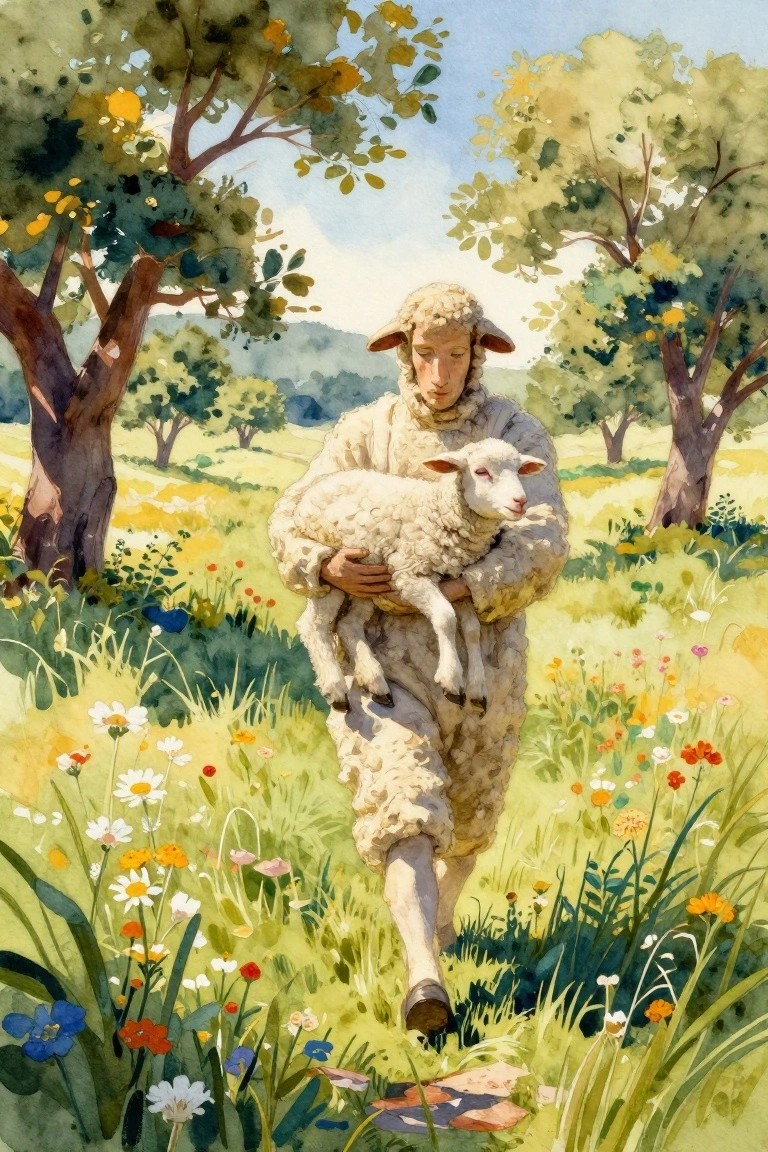 Watercolor of figure in sheep fleece carrying lamb through sunlit wildflower meadow with trees