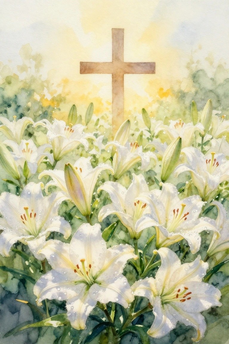 Watercolor of white lilies with dewdrops before a wooden cross in soft sunlight