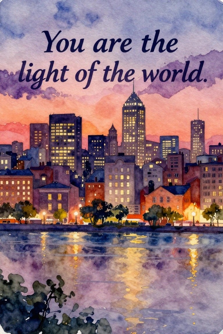 Watercolor city skyline at dusk with glowing lights reflected in water under a quote