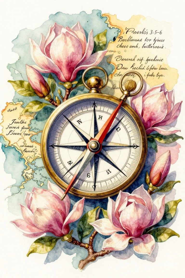 Vintage brass compass amid pink magnolias on watercolor map with floral accents