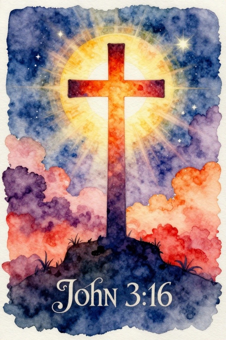 A watercolor painting shows a red cross in front of a bright glowing circle, with colorful clouds below and John 3:16 text at the bottom.