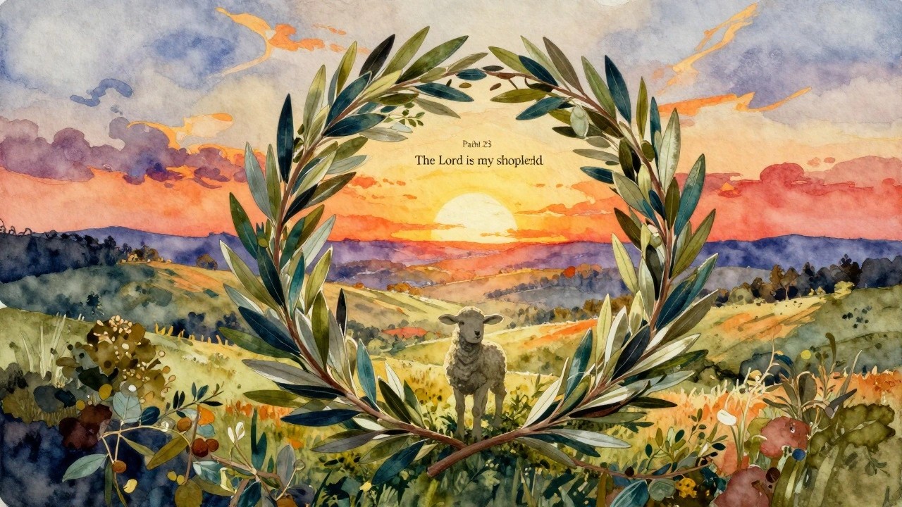 Olive wreath frames a lamb in rolling hills under a vibrant sunset with Livorno 23 text.