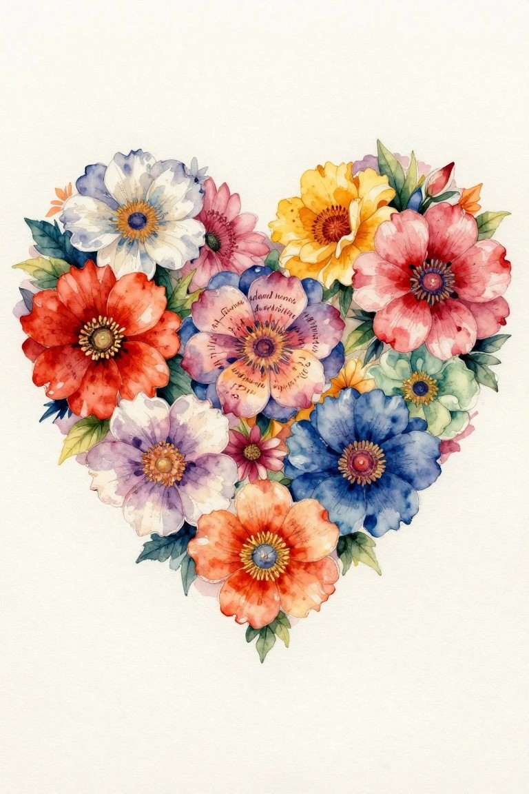 Vibrant watercolor flowers in many colors arranged as a heart with green leaves