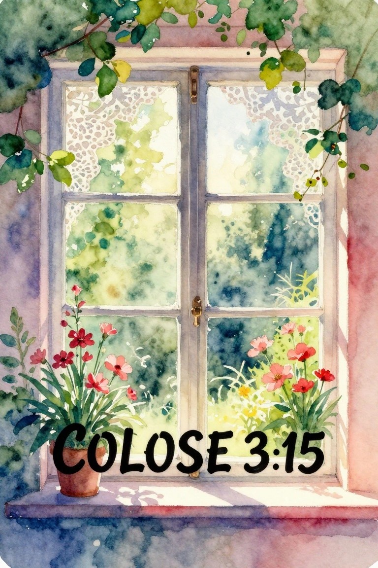 A watercolor painting of an open window with a potted plant of red flowers on the sill, vines around the frame, and the text 