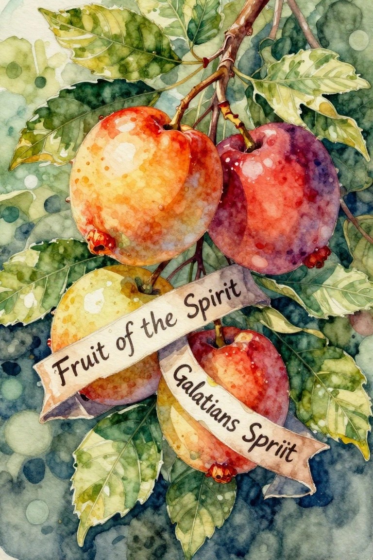 Watercolor fruits on leafy branch with 