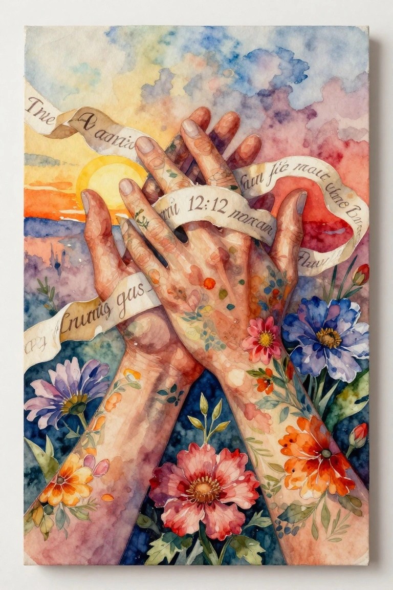Watercolor painting of floral-tattooed hands clasped with ribbons amid vibrant flowers at sunset