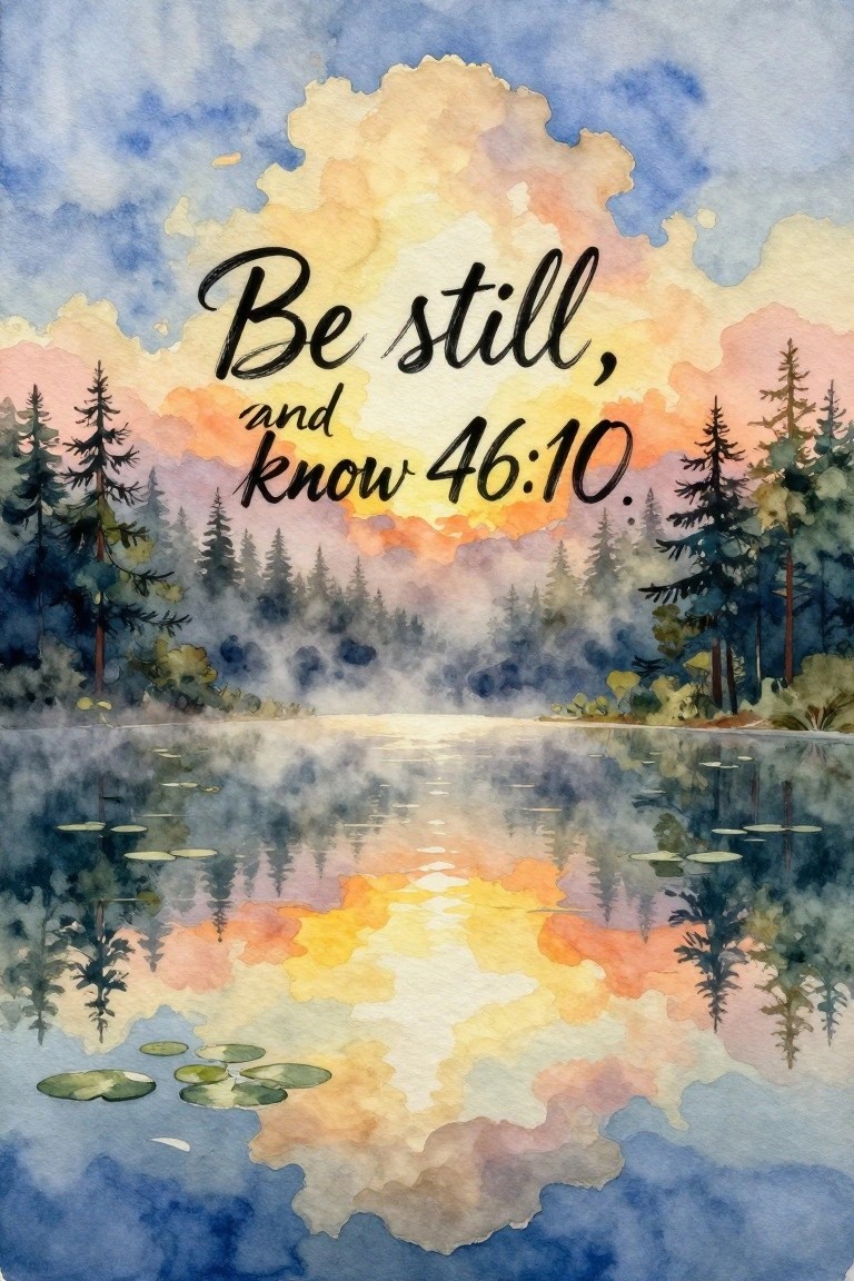 Watercolor landscape of misty lake with pine trees, colorful sky, and text overlay