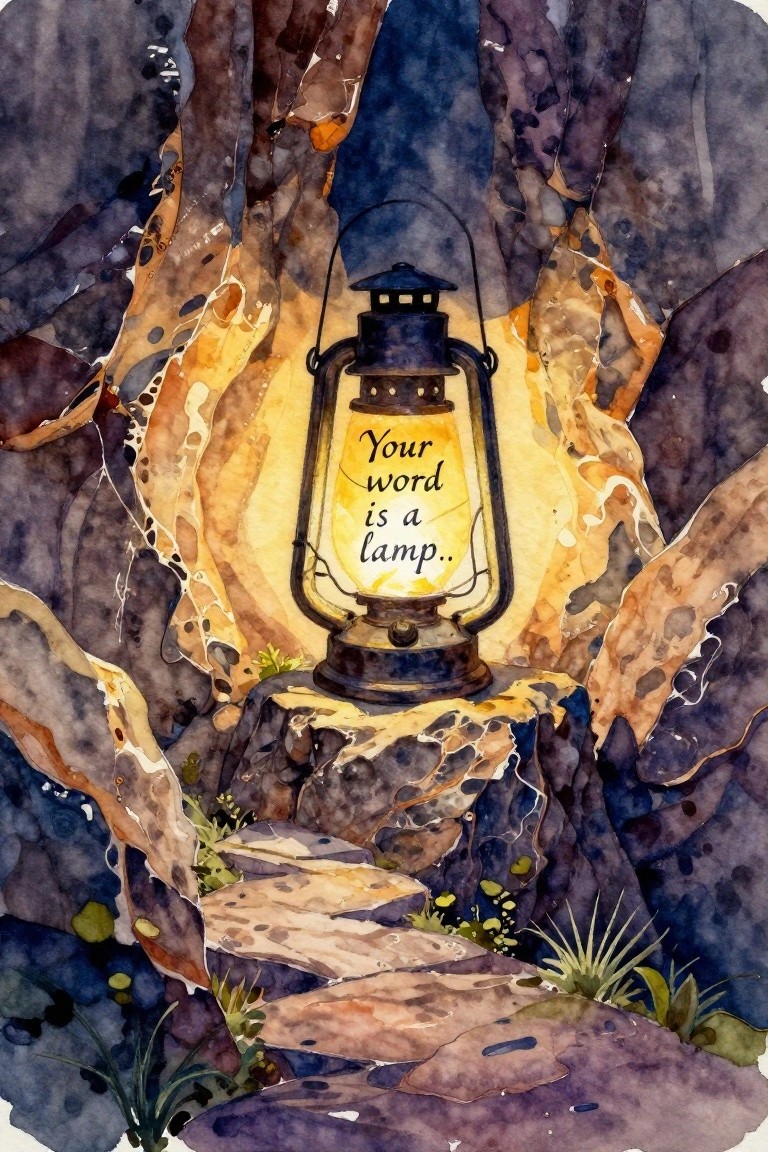 Watercolor lantern glowing on stone steps with 